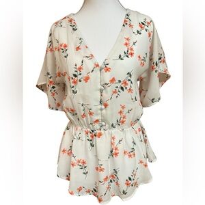 Sienna Sky White Orange Ditsy Floral Peplum V-Neck Sheer Summer Blouse XS